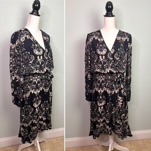 Parker Black Floral Faux Wrap Long Sleeve Dress